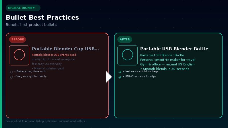 Amazon product description writer AI bullet points before and after — fix broken English Amazon listing bullets