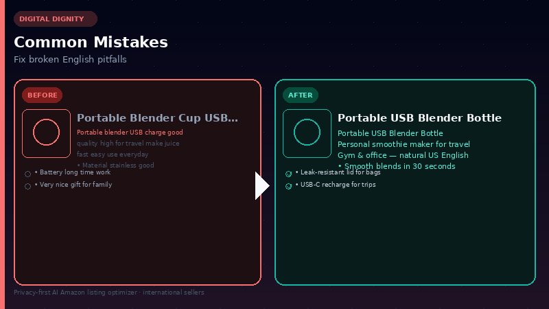 Common Amazon listing mistakes Chinese sellers make — fix broken English Amazon listing with AI optimizer