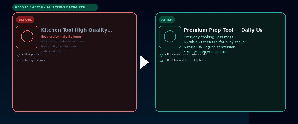 Before and after Amazon listing copy optimized by a private AI Amazon listing optimizer for international sellers