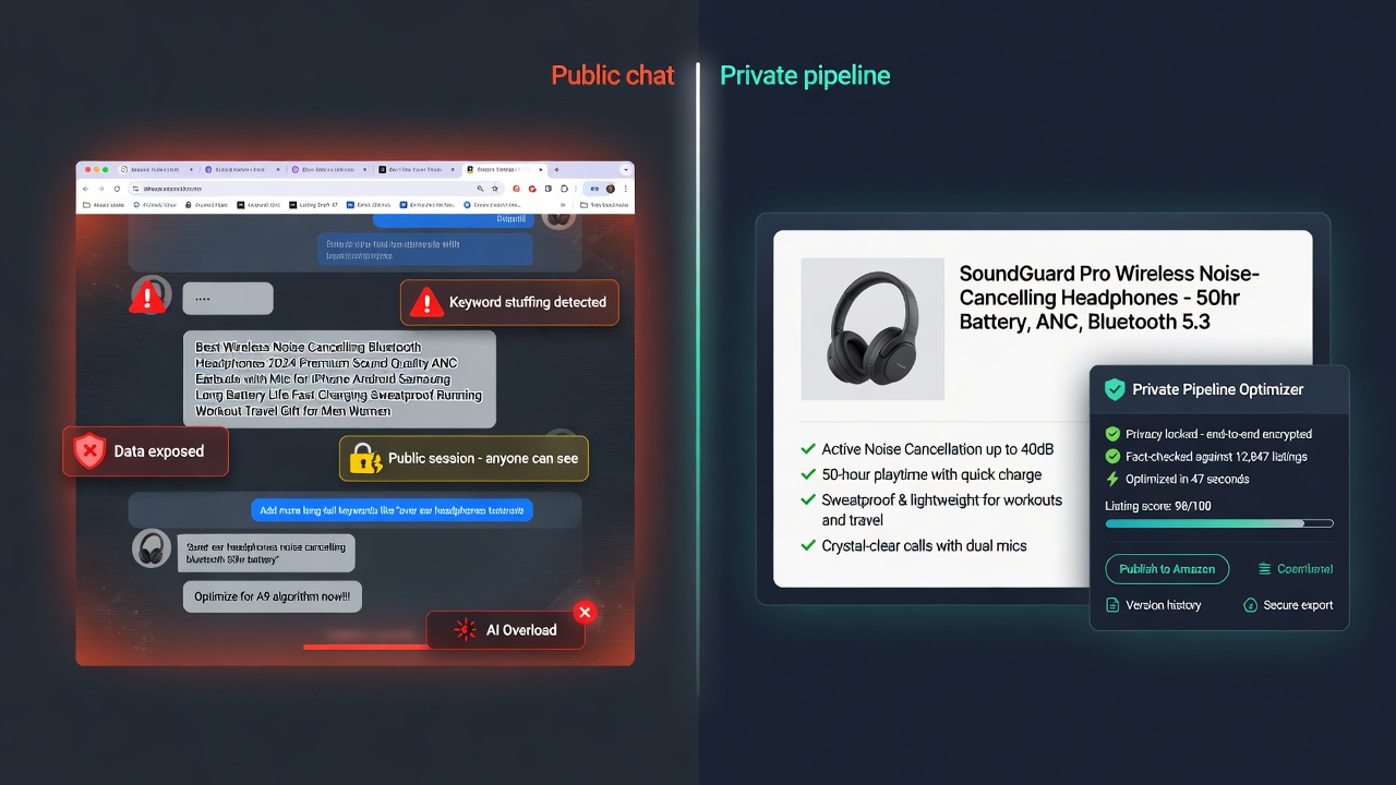 Split comparison: chaotic public AI chat with red warning icons versus clean Digital Dignity private listing optimizer with green checks